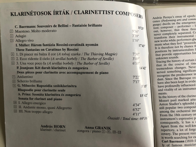 Clarinettist Composers / Muller, Baermann, Jeanjean, Miluccio, Prinz / Clarinet: Andras Horn / Piano: Anna Granik / Hungaroton Classic Audio CD 2004 Stereo / HCD 32309