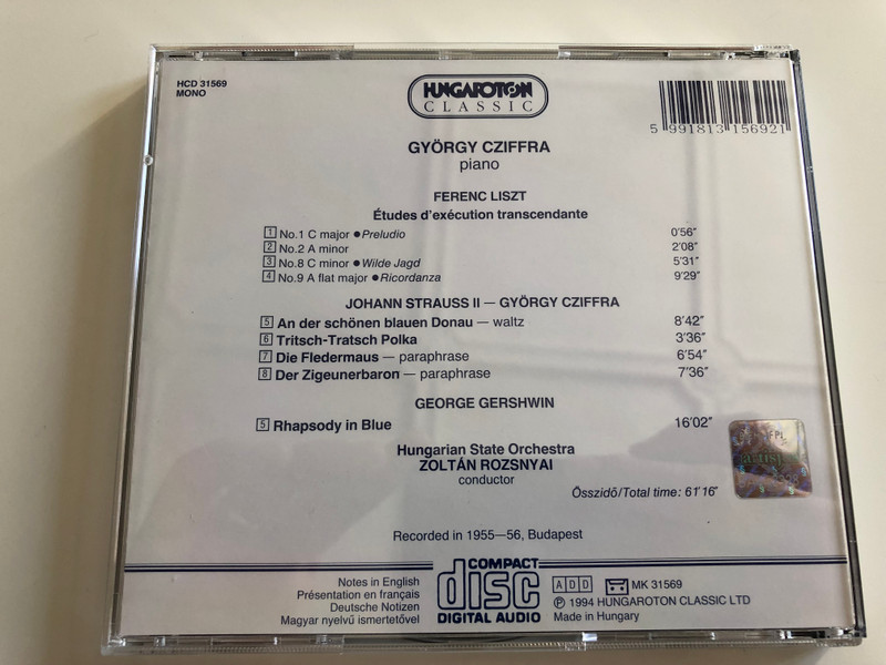 Cziffra / Liszt: Etudes d'execution transcendante Nos. 1, 2, 8, 9 / J. Strauss II - Cziffra: Paraphrases / Gershwin: Rhapsody in Blue, 1955 - 56 / Hungaroton Classic Audio CD 1994 Mono / HCD 31569
