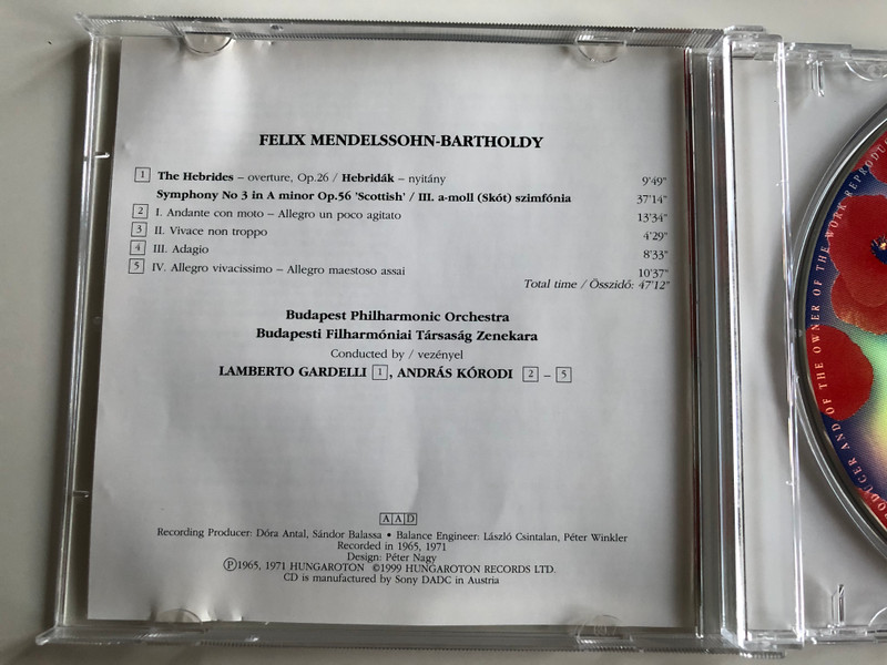 Mendelssohn ‎– Symphony No. 3 "Scottish", The Hebrides - Overture / Budapest Philharmonic Orchestra, András Kórodi, Lamberto Gardelli / Hungaroton Classic Audio CD 1999 Stereo / HRC 1028