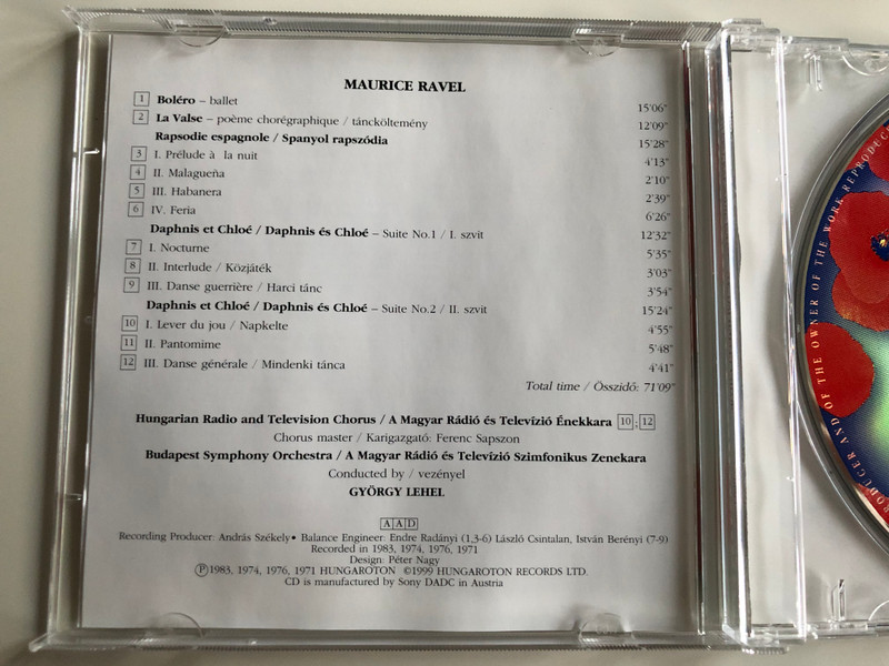 Ravel - Bolero, La Valse, Rapsodie Espagnole, Dephnis Et Chloé - Suites / Budapest Symphony Orchestra, György Lehel / Hungaroton Classic ‎Audio CD 1999 Stereo / HRC 1036