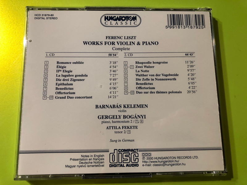 Liszt – Works for Violin and Piano: Complete / Violin: Barnabás Kelemen, Piano: Gergely Bogányi / Hungaroton ‎2x Audio CD 2000 Stereo / HCD 31879-80 (5991813187925)