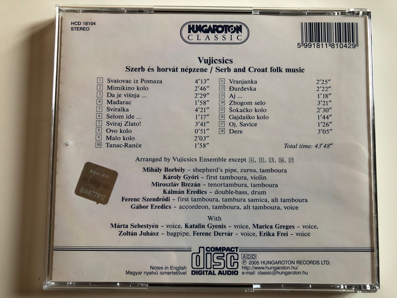 Vujicsics Ensemble – Szerb És Horvát Népzene - Serb And Croat Folk Music / Hungaroton Classic Audio CD 2005 Stereo / HCD 18104