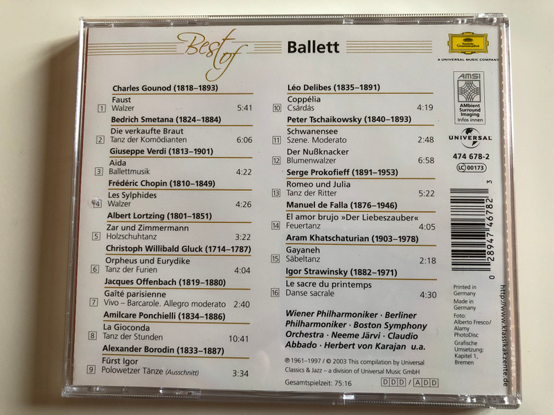 Best of Ballett / Berliner Philharmoniker, London Symphony Orchestra, Wiener Philharmoniker, Claudio Abbado, Herbert von Karajan, James Levine, Seiji Ozawa ‎/ Deutsche Grammophon ‎Audio CD / 474 678-2