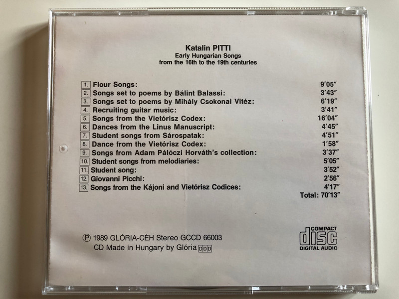 Katalin Pitti, soprano – Early Hungarian Songs From XVI To XIX Century / Daniel Benko, Laszlo Czidra / Bakfark Consort, Camerata Hungarica, Benkő Consort, Budapest Early Music Trio ‎/ CÉH Audio CD 1989 Stereo / GCCD 66003