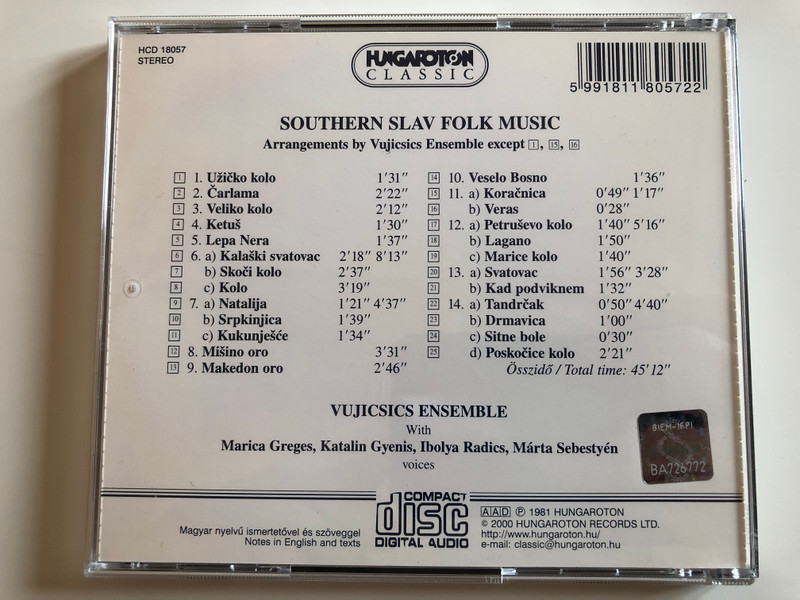 Vujicsics Ensemble - Southern Slav Folk Music (Délszláv Népzene) / Hungaroton Classic Audio CD 2000 Stereo / HCD 18057