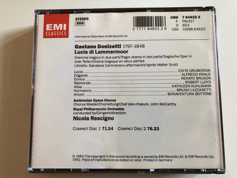 Donizetti – Lucia Di Lammermoor / Gruberova, Kraus, Bruson, Lloyd / Ambrosian Opera Chorus, Royal Philharmonic Orchestra, Nicola Rescigno ‎/ EMI Classics ‎2x Audio CD 1984 Stereo / CMS7646222