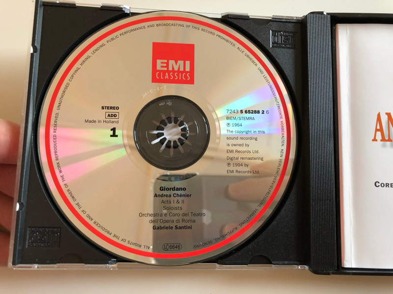 Giordano - Andrea Chénier / Corelli, Sereni, Stella, Malagù / Orchestra e Coro Del Teatro Dell'Opera Di Roma, Gabriele Santini / EMI Records Ltd. 2x ‎Audio CD 1994 Stereo / CMS 5 65287 2