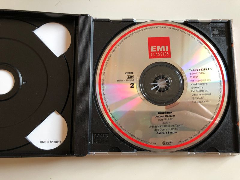 Giordano - Andrea Chénier / Corelli, Sereni, Stella, Malagù / Orchestra e Coro Del Teatro Dell'Opera Di Roma, Gabriele Santini / EMI Records Ltd. 2x ‎Audio CD 1994 Stereo / CMS 5 65287 2