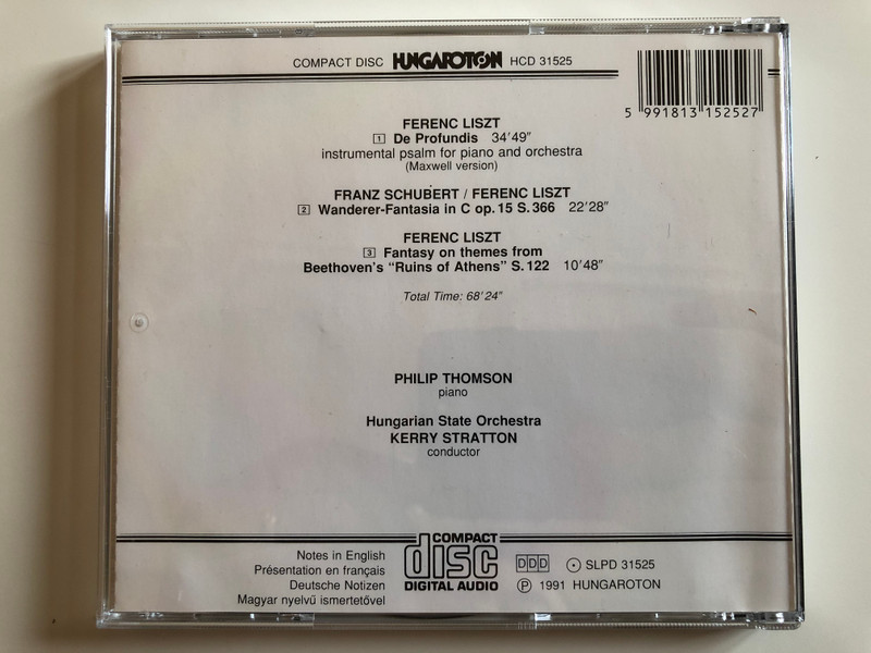 Liszt - De Profundis / Instrumental Psalm for Piano and Orchestra / Schubert-Liszt ''Wanderer'', Fanstasia / Liszt: Fantasy On Beethoven's ''Ruins of Athens'' / Philip Thomson, Hungarian State Orchestra, Keny Stratton / Hungaroton Audio CD 1991 Stereo / HCD 31525