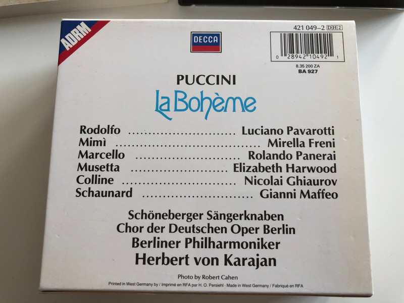 Puccini – La Bohème / Freni, Pavarotti, Harwood, Panerai, Maffeo, Ghiaurov / Berliner Philharmoniker , Herbert Karajan / Decca 2x Audio CD Stereo / 421 049-2
