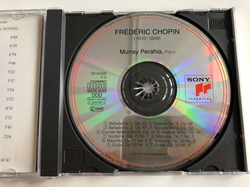 Chopin – 4 Ballades / Walzes, Op.18 and Op.42, Nocturne, Op. 15, No. 1, Mazurkas Op.7, No.3, Op.17 No.4 and Op.33, No.2, etudes Op.10, No.3 and 4 / Murray Perahia ‎/ Sony Classical ‎Audio CD 1994 / SK 64399