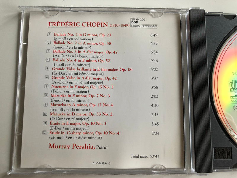 Chopin – 4 Ballades / Walzes, Op.18 and Op.42, Nocturne, Op. 15, No. 1, Mazurkas Op.7, No.3, Op.17 No.4 and Op.33, No.2, etudes Op.10, No.3 and 4 / Murray Perahia ‎/ Sony Classical ‎Audio CD 1994 / SK 64399