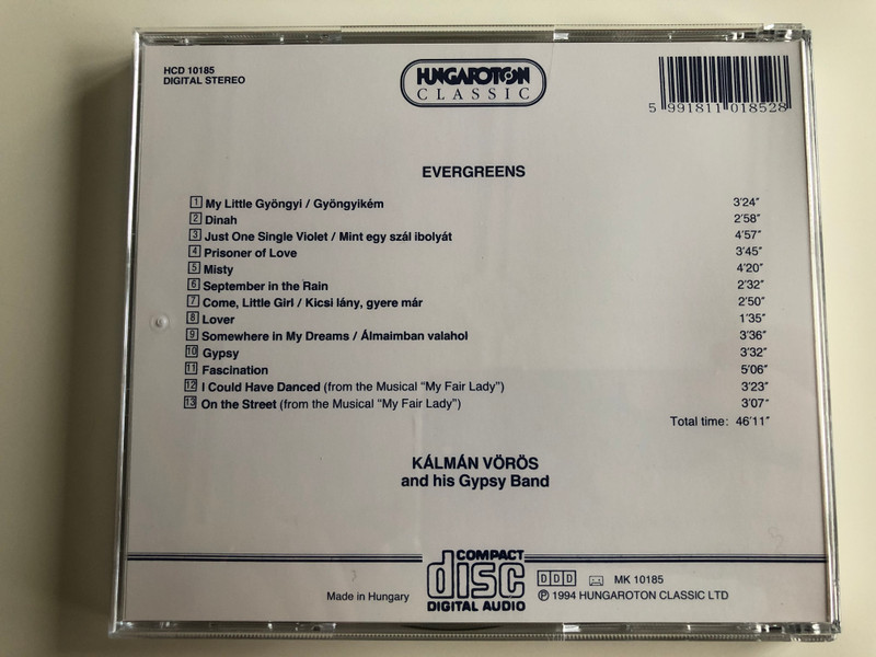 Evergreens - Kálmán Vörös And His Gipsy Band / September in the rain, Prisoner of Love, My Fair Lady, Fascination, Misty, Lover, Dinah / Qualiton Audio CD 1994 Stereo / HCD 10185
