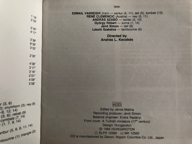 Ancient Turkish Music In Europe - Kecskés Ensemble / Hungaroton ‎Audio CD 1984 Stereo / HCD 12560-2
