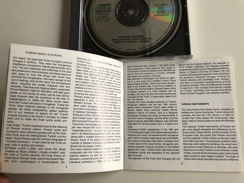 Ancient Turkish Music In Europe - Kecskés Ensemble / Hungaroton ‎Audio CD 1984 Stereo / HCD 12560-2