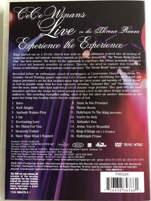 Cece Winans Live DVD 2004 In the Trone Room / Directed by Steve Angus / Recorded Live at Cornerstone Church, Madison, TN (726838847661)