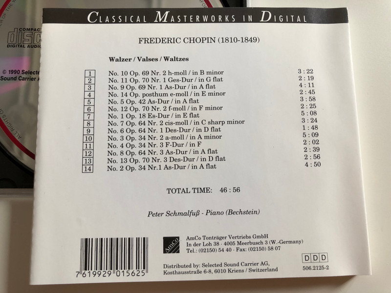 Frédéric Chopin ‎– Walzer = Valses = Waltzes/ Peter Schmalfuss - piano / Classical Masterworks in Digital / Selected Sound Carrier ‎Audio CD 1990 / 506.2125-2
