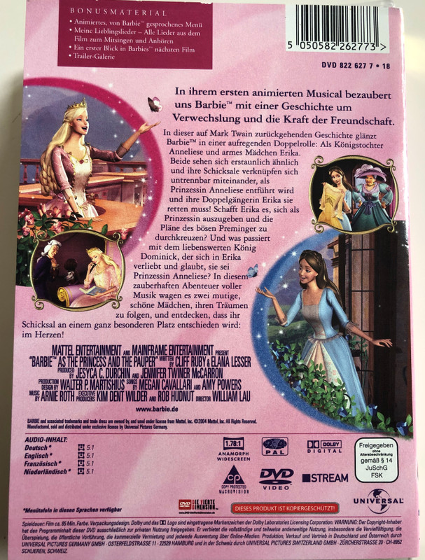 Barbie as the Princess and the Pauper DVD 2004 Barbie als: Die Prinzessin und das Dorfmädchen / Directed by William Lau / Starring: Kelly Sheridan, Mark Hildreth, Alessandro Juliani, Ian James Corlett, Kathleen Barr, Martin Short (5050582262773)