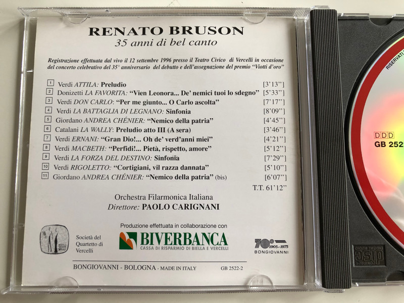 Renato Bruson: 35 Anni Di Bel Canto / Orchestra Filarmonica Italiana, Paolo Carignani ‎/ Bongiovanni ‎Audio CD / GB 2522-2