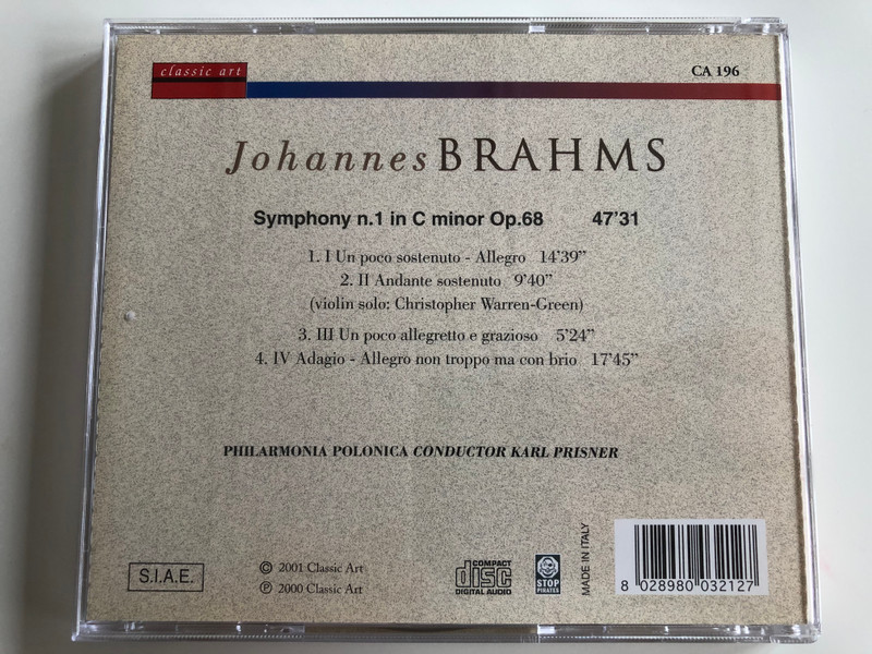 Johannes Brahms ‎– Symphony N. 1 In C minor Op.68 / Classic Art Audio CD 2000 / CA 196