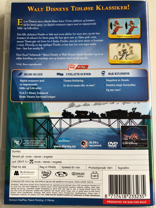  Dumbo Special Edition DVD 1941 Spesialutgave / 70-Ars Jubileum / Norwegian Edition / Directed by Ben Sharpsteen / Starring: Edward Brophy, Herman Bing, Margaret Wright, Sterling Holloway (8717418233235)
