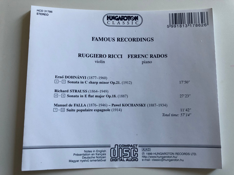 Dohnanyi, R. Strauss, De Falla Played By Ruggiero Ricci - violin, Ferenc Rados - Piano / Hungaroton Classic Audio CD 1999 Stereo / HCD 31786 (5991813178626)