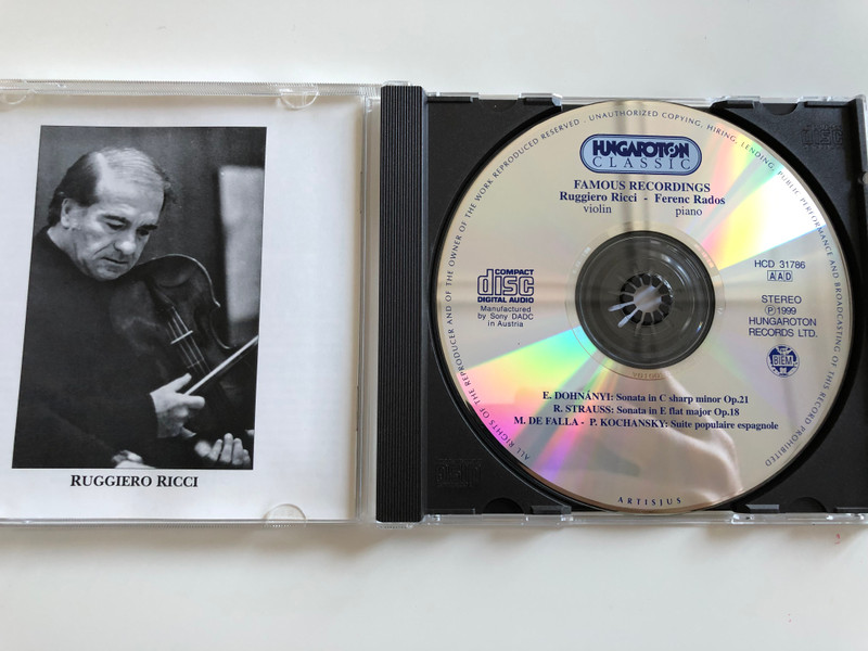 Dohnanyi, R. Strauss, De Falla Played By Ruggiero Ricci - violin, Ferenc Rados - Piano / Hungaroton Classic Audio CD 1999 Stereo / HCD 31786 (5991813178626)