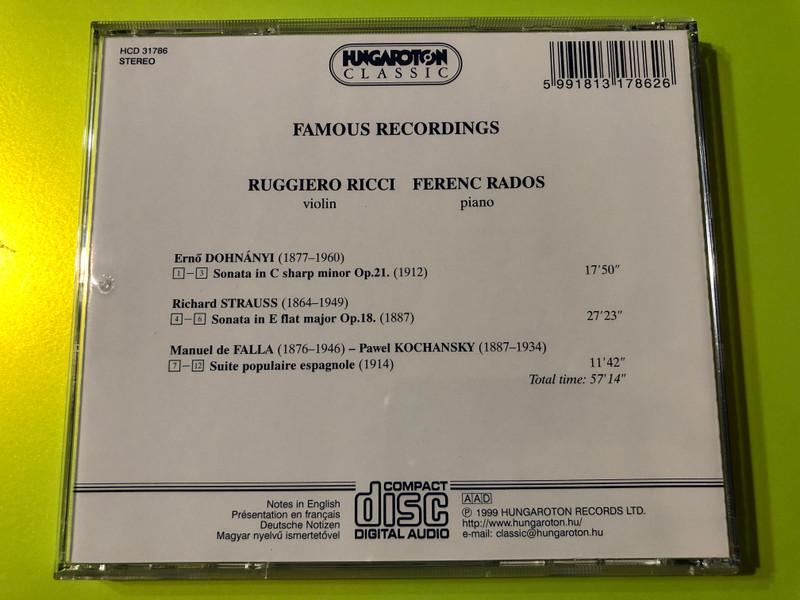 Dohnanyi, R. Strauss, De Falla Played By Ruggiero Ricci - violin, Ferenc Rados - Piano / Hungaroton Classic Audio CD 1999 Stereo / HCD 31786 (5991813178626)