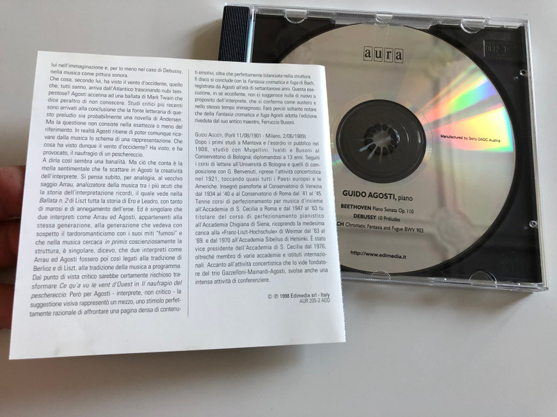 Guido Agosti Plays Bach - Chromatic Fantasia and Fugue BWV 903, Beethoven - Piano Sonata Op. 110, Debussy - 10 Preludes / Aura Music Audio CD 1998 / AUR 205-2