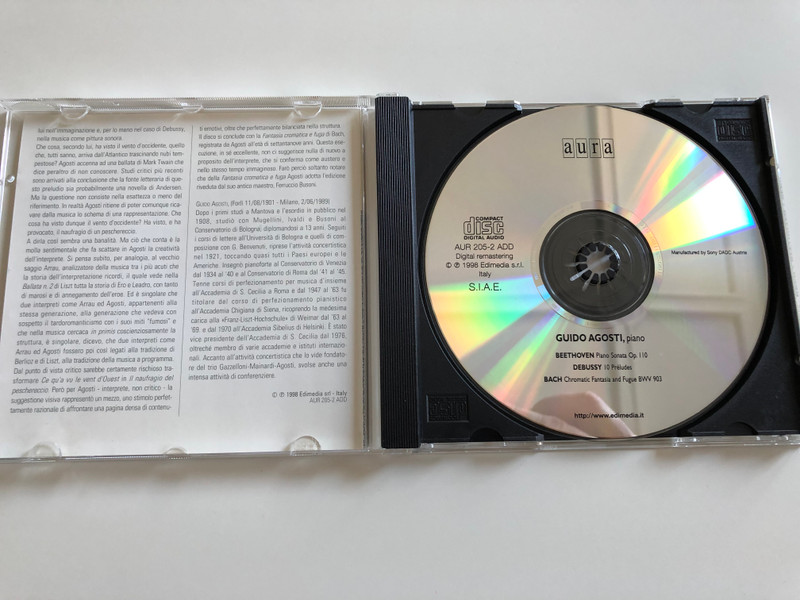 Guido Agosti Plays Bach - Chromatic Fantasia and Fugue BWV 903, Beethoven - Piano Sonata Op. 110, Debussy - 10 Preludes / Aura Music Audio CD 1998 / AUR 205-2