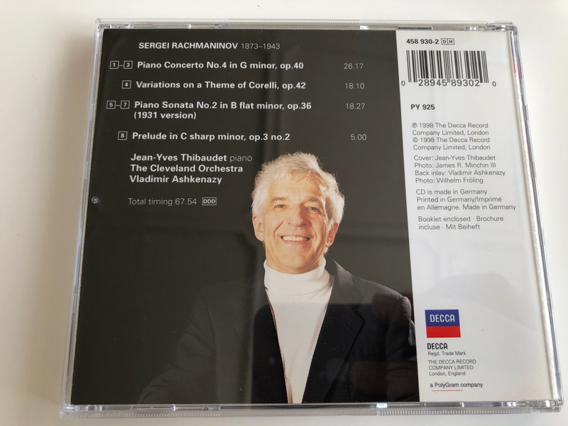 Jean-Yves Thibaudet - piano, The Cleveland Orchestra, Vladimir Ashkenazy / Rachmaninov / Piano Concerto No. 4, Corelli Variations, Sonata No.2, Prelude In C Sharp Minor / Decca ‎Audio CD 1998 Stereo / 458 930-2