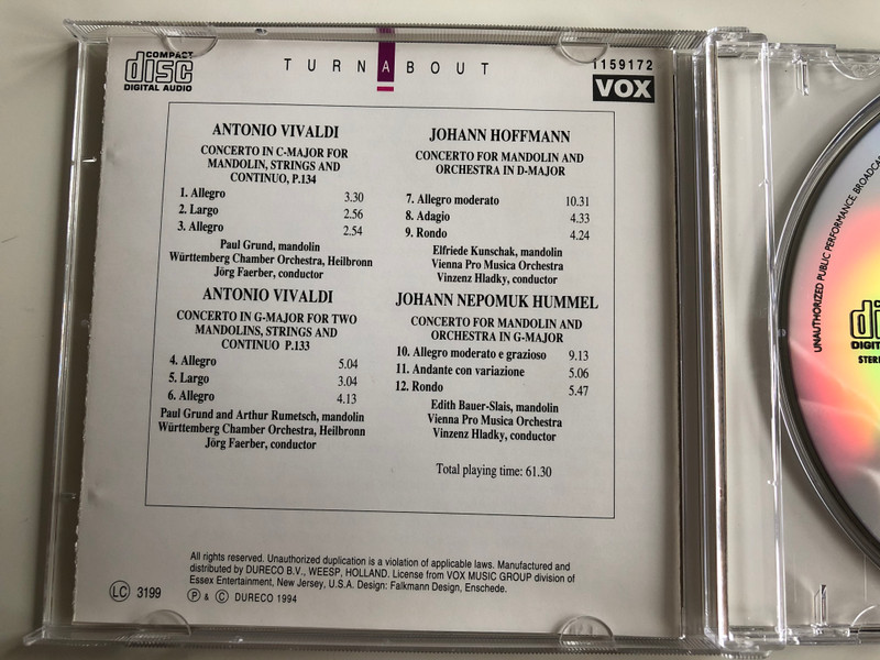 Mandolin Concertos / Vivaldi - Hoffmann - Hummel / Mandolin: Paul Grund, Arthur Rumetsch, Elfriede Kunschak, Edith Bauer-Slais / Dureco Audio CD 1994 Stereo / 1159172
