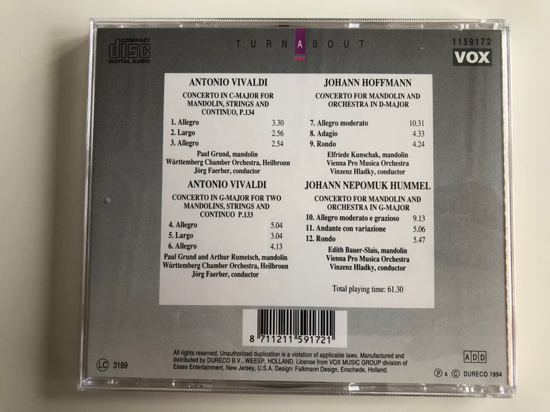 Mandolin Concertos / Vivaldi - Hoffmann - Hummel / Mandolin: Paul Grund, Arthur Rumetsch, Elfriede Kunschak, Edith Bauer-Slais / Dureco Audio CD 1994 Stereo / 1159172