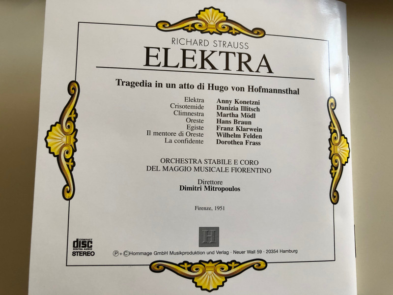 Richard Strauss ‎– Elektra / Anny Konetzni, Martha Modl, Daniza Ilitsch, Hans Braun / Orchestra Stabile E Coro Del Maggio Musicale Fiorentino, Dimitri Mitropoulos / Hommage 2x Audio CD 2000 Stereo / 7001841 - HOM