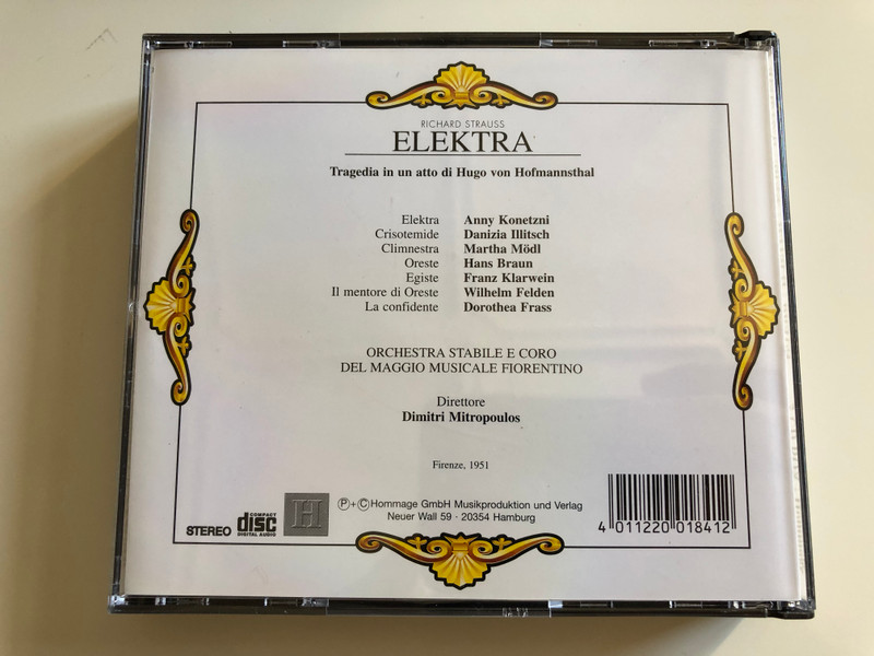 Richard Strauss ‎– Elektra / Anny Konetzni, Martha Modl, Daniza Ilitsch, Hans Braun / Orchestra Stabile E Coro Del Maggio Musicale Fiorentino, Dimitri Mitropoulos / Hommage 2x Audio CD 2000 Stereo / 7001841 - HOM