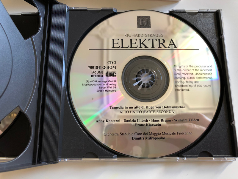 Richard Strauss ‎– Elektra / Anny Konetzni, Martha Modl, Daniza Ilitsch, Hans Braun / Orchestra Stabile E Coro Del Maggio Musicale Fiorentino, Dimitri Mitropoulos / Hommage 2x Audio CD 2000 Stereo / 7001841 - HOM