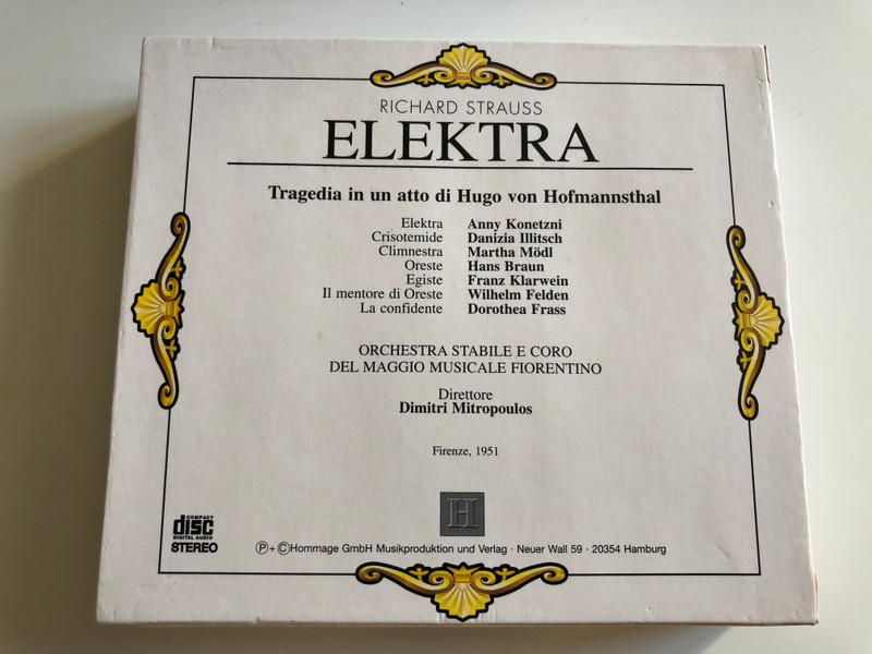 Richard Strauss ‎– Elektra / Anny Konetzni, Martha Modl, Daniza Ilitsch, Hans Braun / Orchestra Stabile E Coro Del Maggio Musicale Fiorentino, Dimitri Mitropoulos / Hommage 2x Audio CD 2000 Stereo / 7001841 - HOM