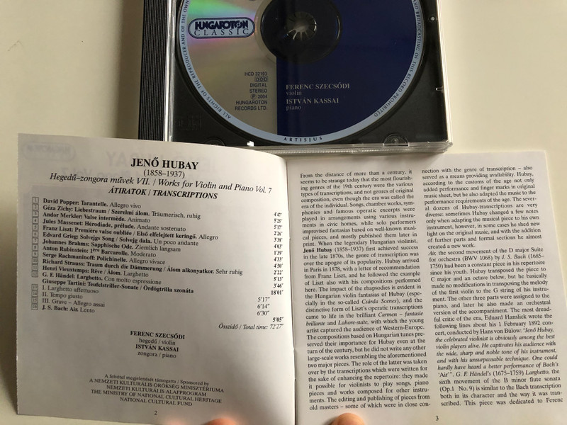 Jenő Hubay - Works For Violin and Piano Vol. 7 / Transcriptions - Popper, Liszt, Grieg, Brahms, Rachmaninoff, R. Strauss, Handel, Tartini, Bach / Violin: Ferenc Szecsodi, Piano - Istvan Kassai / Hungaroton Classic Audio CD 2004 Stereo / HCD 32193
