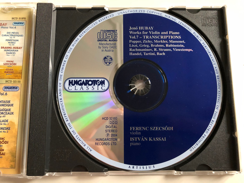 Jenő Hubay - Works For Violin and Piano Vol. 7 / Transcriptions - Popper, Liszt, Grieg, Brahms, Rachmaninoff, R. Strauss, Handel, Tartini, Bach / Violin: Ferenc Szecsodi, Piano - Istvan Kassai / Hungaroton Classic Audio CD 2004 Stereo / HCD 32193
