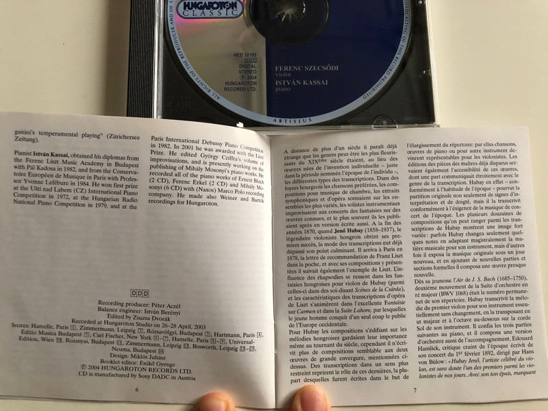 Jenő Hubay - Works For Violin and Piano Vol. 7 / Transcriptions - Popper, Liszt, Grieg, Brahms, Rachmaninoff, R. Strauss, Handel, Tartini, Bach / Violin: Ferenc Szecsodi, Piano - Istvan Kassai / Hungaroton Classic Audio CD 2004 Stereo / HCD 32193