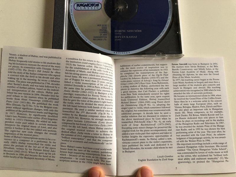 Jenő Hubay - Works For Violin and Piano Vol. 7 / Transcriptions - Popper, Liszt, Grieg, Brahms, Rachmaninoff, R. Strauss, Handel, Tartini, Bach / Violin: Ferenc Szecsodi, Piano - Istvan Kassai / Hungaroton Classic Audio CD 2004 Stereo / HCD 32193