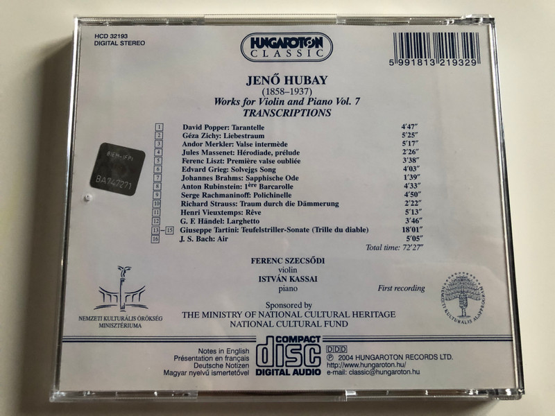 Jenő Hubay - Works For Violin and Piano Vol. 7 / Transcriptions - Popper, Liszt, Grieg, Brahms, Rachmaninoff, R. Strauss, Handel, Tartini, Bach / Violin: Ferenc Szecsodi, Piano - Istvan Kassai / Hungaroton Classic Audio CD 2004 Stereo / HCD 32193