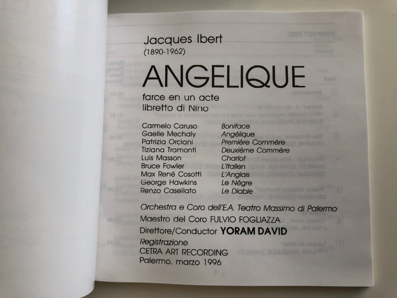 Jacques Ibert ‎– Angélique / Farce In Un Acte, First Recording In The World / Orchestra E Coro Dell'e a Teatro Massimo Di Palermo, Yoram David / Hommage Box Set Audio CD Stereo / 7001833-HOM