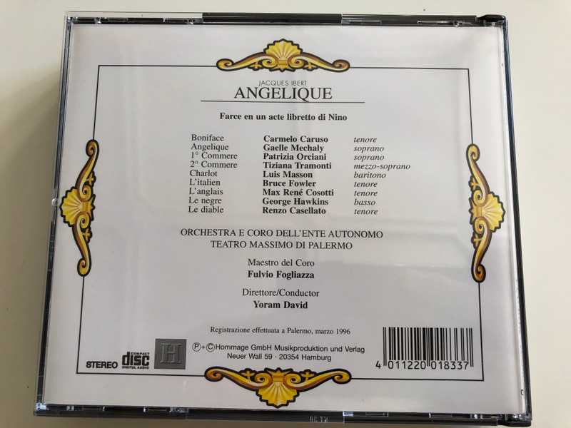 Jacques Ibert ‎– Angélique / Farce In Un Acte, First Recording In The World / Orchestra E Coro Dell'e a Teatro Massimo Di Palermo, Yoram David / Hommage Box Set Audio CD Stereo / 7001833-HOM