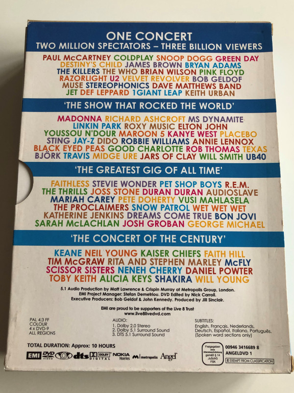 Live 8 DVD July 2nd 2005 / The long Walk to Justice / 9 concerts - 1000 artists - 2 Million Spectators - Make Povert History / Paul Mccartney, Coldplay, Elton John, Dido, Josh Groban, Alicia Keys / 4 DVD BOX (094634166898)