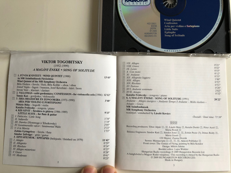Viktor Togobitsky - Song of Solitude / Wind Quintet, Confession, Aria, Little Suite, Epitaphs, Song of Solitude / Hungaroton Classic Audio CD 2009 Stereo / HCD 32631