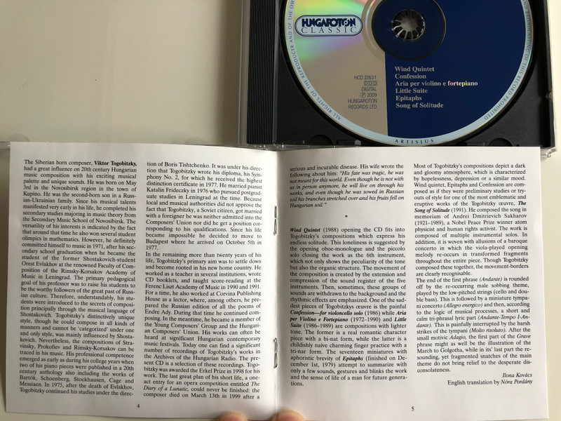 Viktor Togobitsky - Song of Solitude / Wind Quintet, Confession, Aria, Little Suite, Epitaphs, Song of Solitude / Hungaroton Classic Audio CD 2009 Stereo / HCD 32631