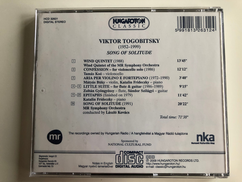 Viktor Togobitsky - Song of Solitude / Wind Quintet, Confession, Aria, Little Suite, Epitaphs, Song of Solitude / Hungaroton Classic Audio CD 2009 Stereo / HCD 32631
