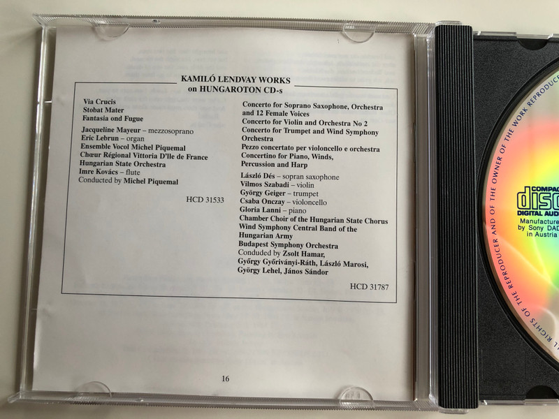 Kamillo Lendvay - Four Orchestral Invocations, Concerto da Camera, Experssions for String Orchestra, The Harmony of Silnce, Scenes-cantata / Hungaroton Classic Audio CD 2001 Stereo / HCD 32064