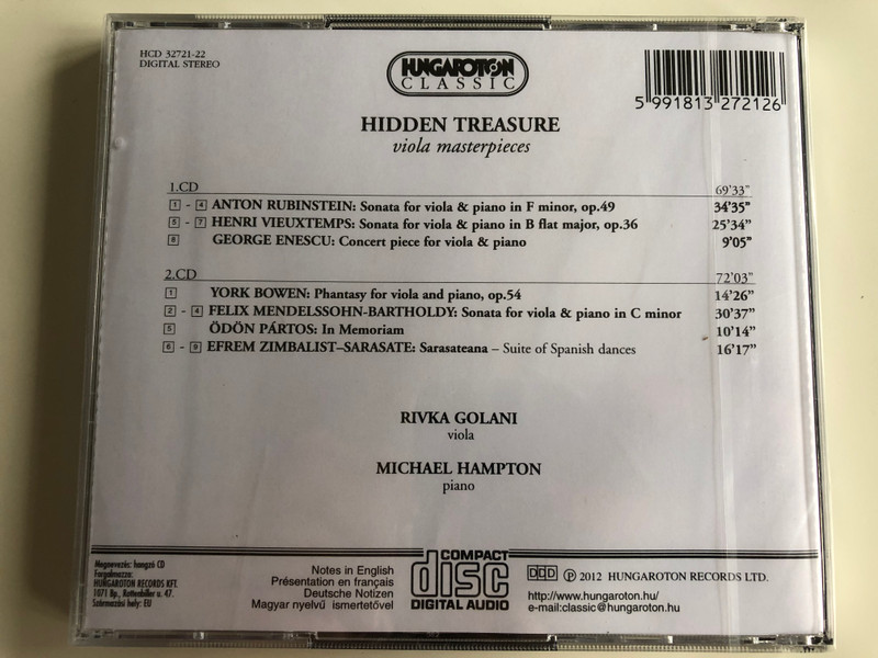 Hidden Treasure - Viola Masterpieces / A Rubinstein, Vieuxtemps, Enescu, Y. Bowen, Mendelssohn, O. Partos, E. Zimbalist-Sarasate / Rivka Golani, Michael Hampton / Hungaroton Classic 2x Audio CD 2012 Stereo / HCD 32721-22